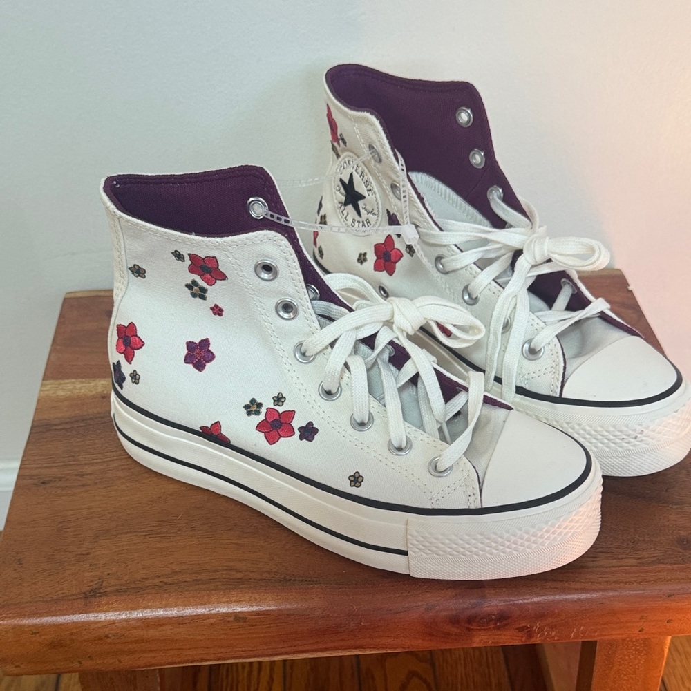 Converse White High-Top Platform Sneakers with Red & Purple Floral Accents